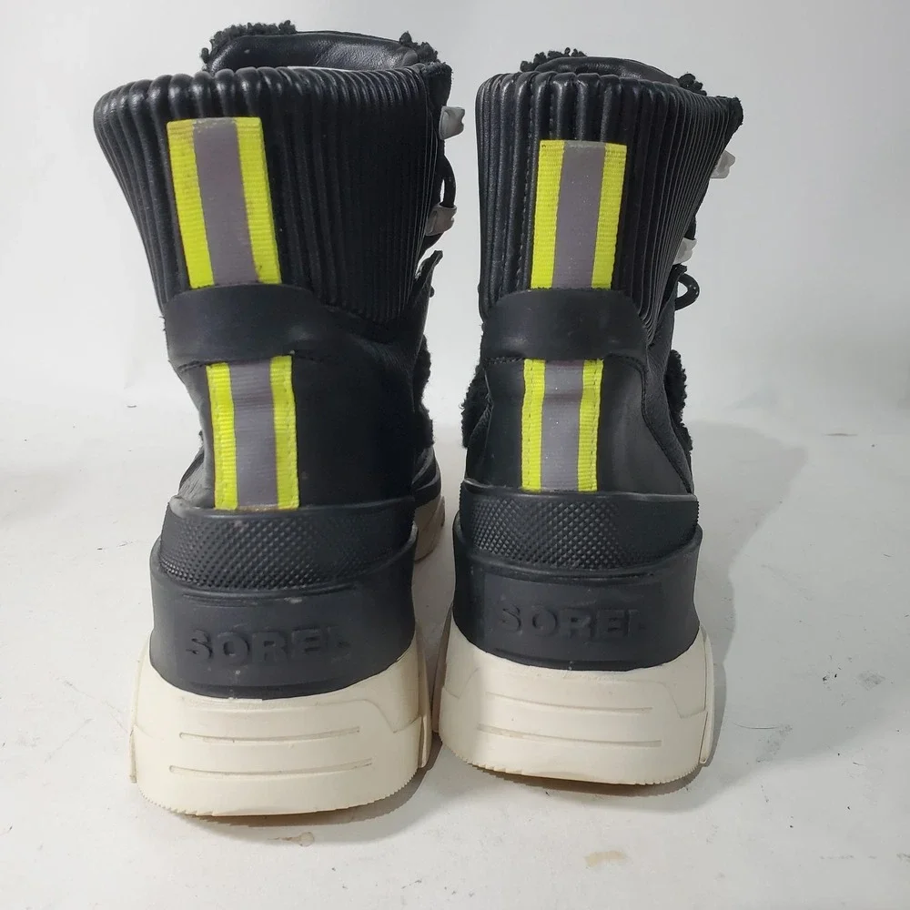 Sorel Boots Womens 9.5 Black White Shearling Brex Cozy Chunky Heel Lug Sole